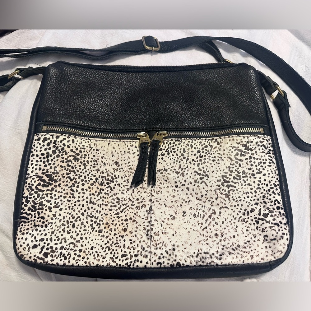 Fossil Leather Crossbody Bag – Black & Leopard Haircalf